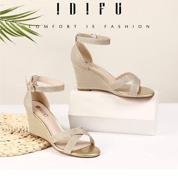 IDIFU 3 Inch Gold Glitter Wedge Sandals - Picture 1 of 9